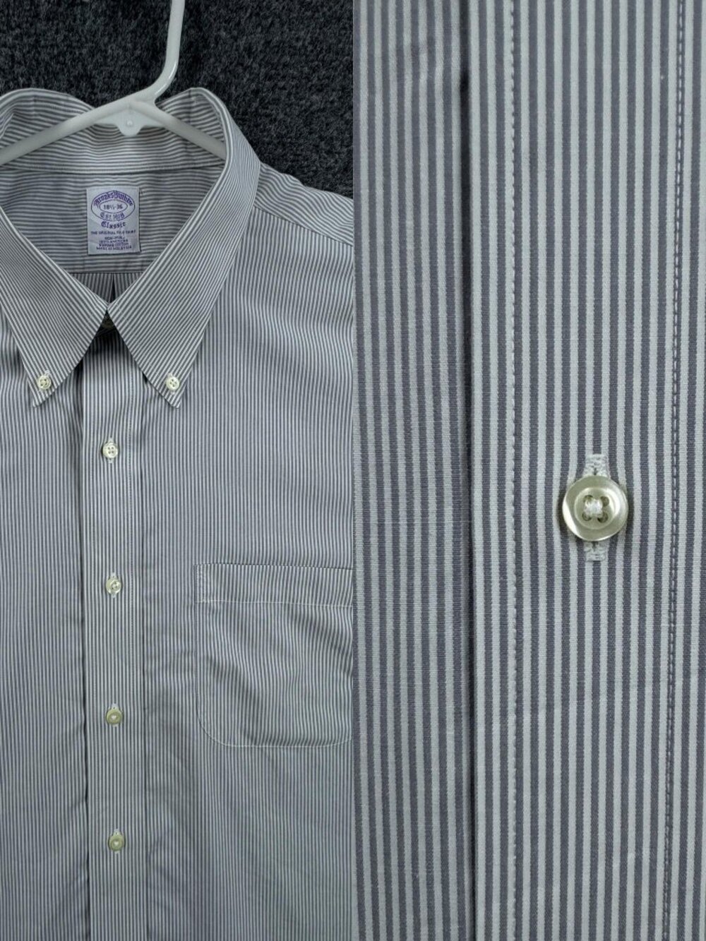 Brooks Brothers 18.5 36 Cotton Supima Classic Striped Gray White Non-Iron Pocket